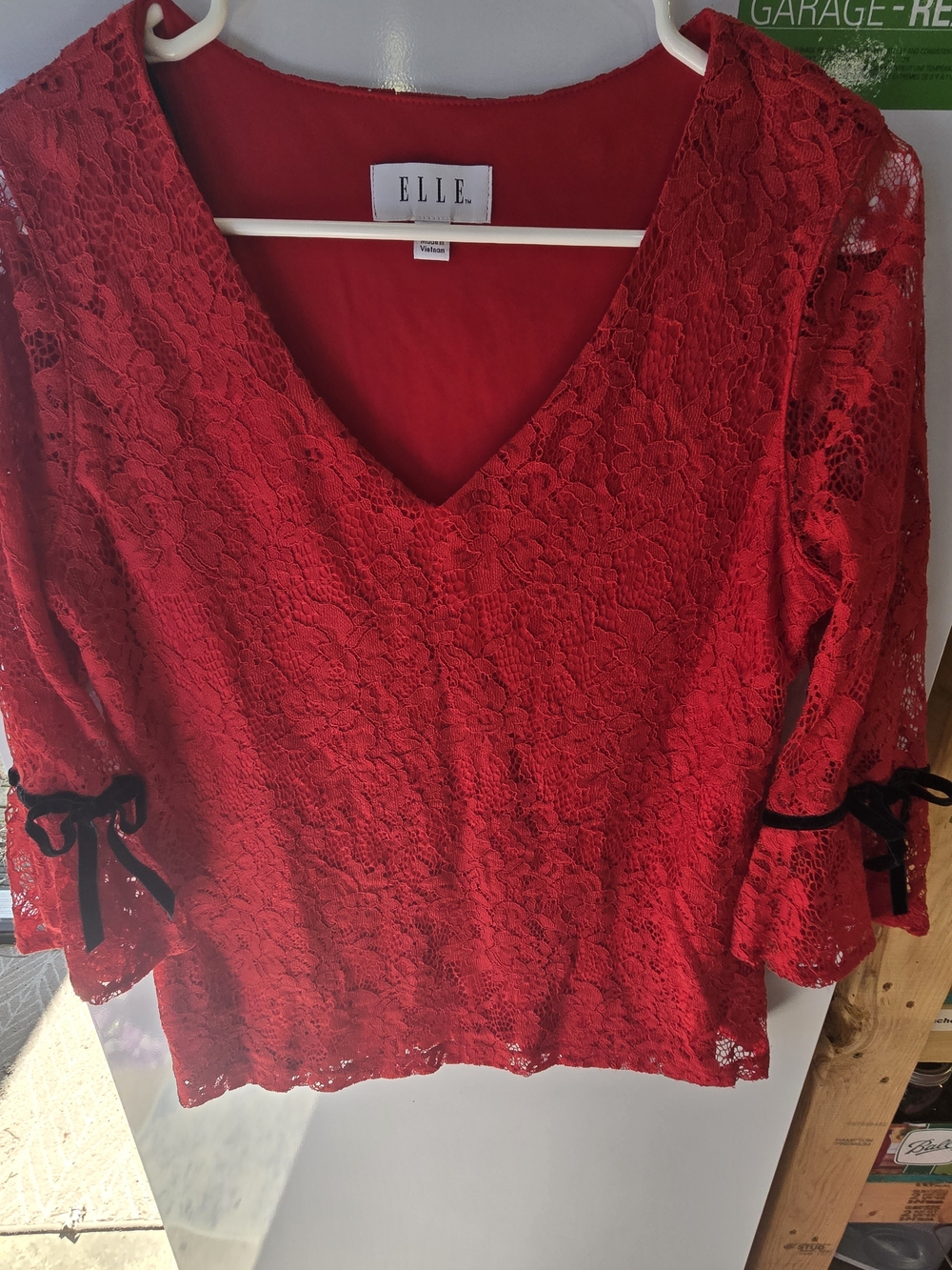 ELLE Women's Red Lace V-Neck Blouse- 3/4 Sleeve